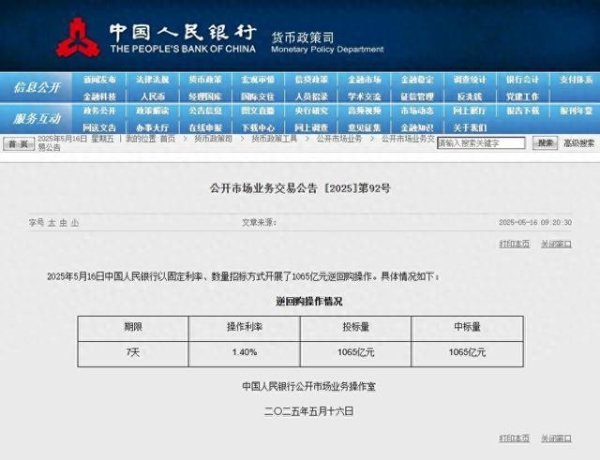 股票配资导航网站 央行开展1065亿元7天期逆回购操作